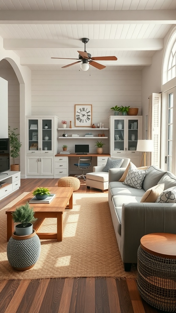 A warm and inviting farmhouse living room featuring a cozy sofa, wooden furniture, and a small desk spot for a home office.