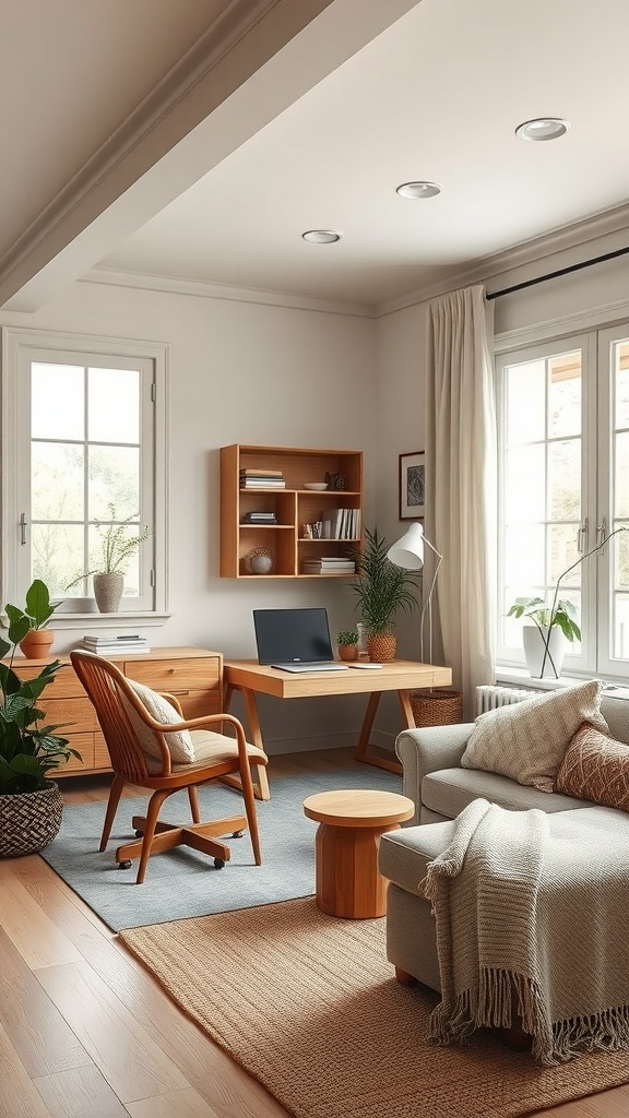 A cozy home office setup with neutral tones, wooden furniture, and plants