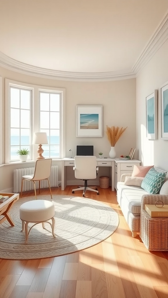 Coastal cottage home office with light coral touches and beige aesthetic