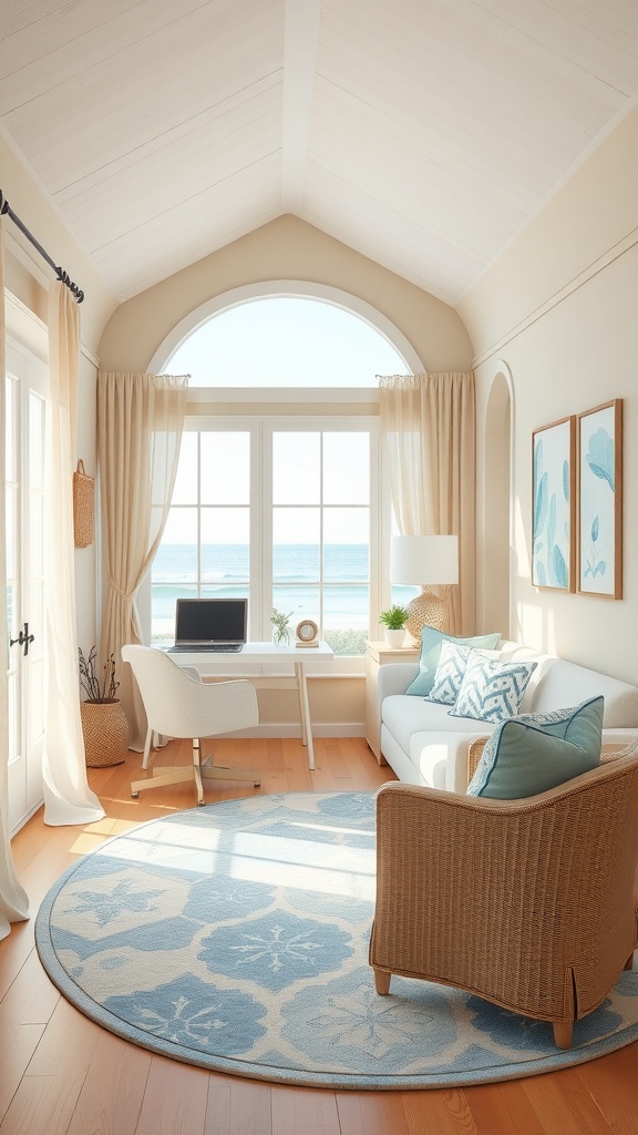 A bright coastal cottage home office with light linen curtains, a white desk, and a round blue rug, overlooking the ocean.