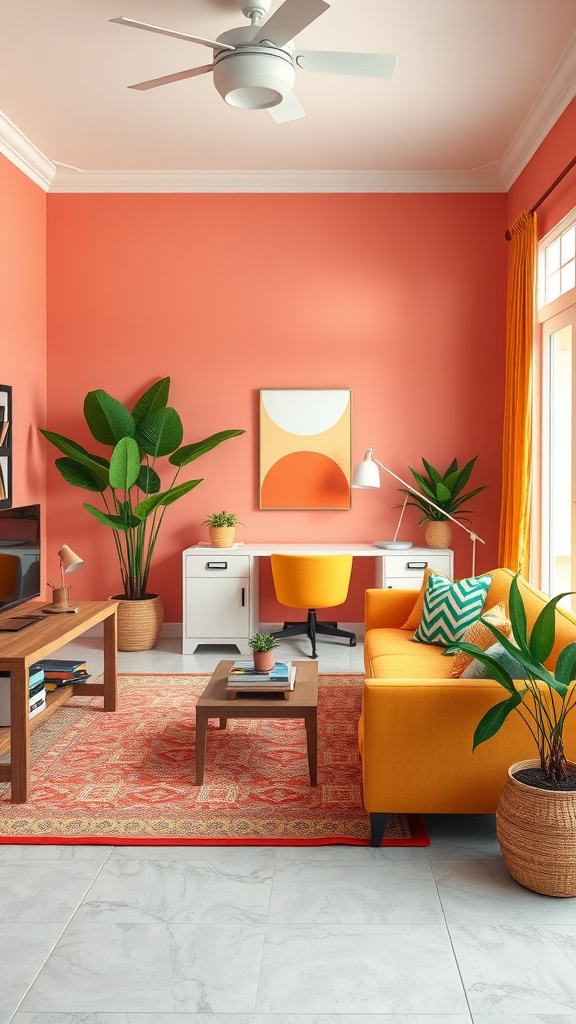 Lively tropical-inspired living room with coral walls, a white desk, yellow chair, and green plants.