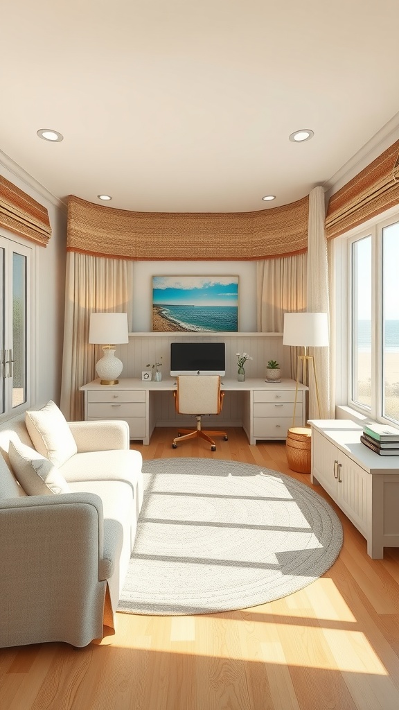 Cozy coastal cottage home office with beige decor and natural textures.