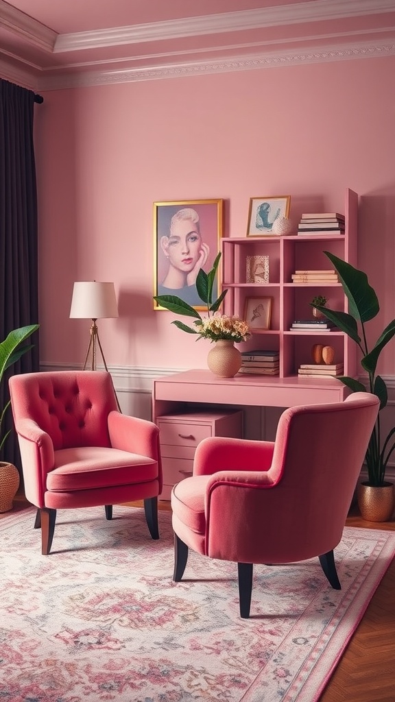 A cozy workspace with two pink velvet chairs, a stylish desk, and trendy wall art.