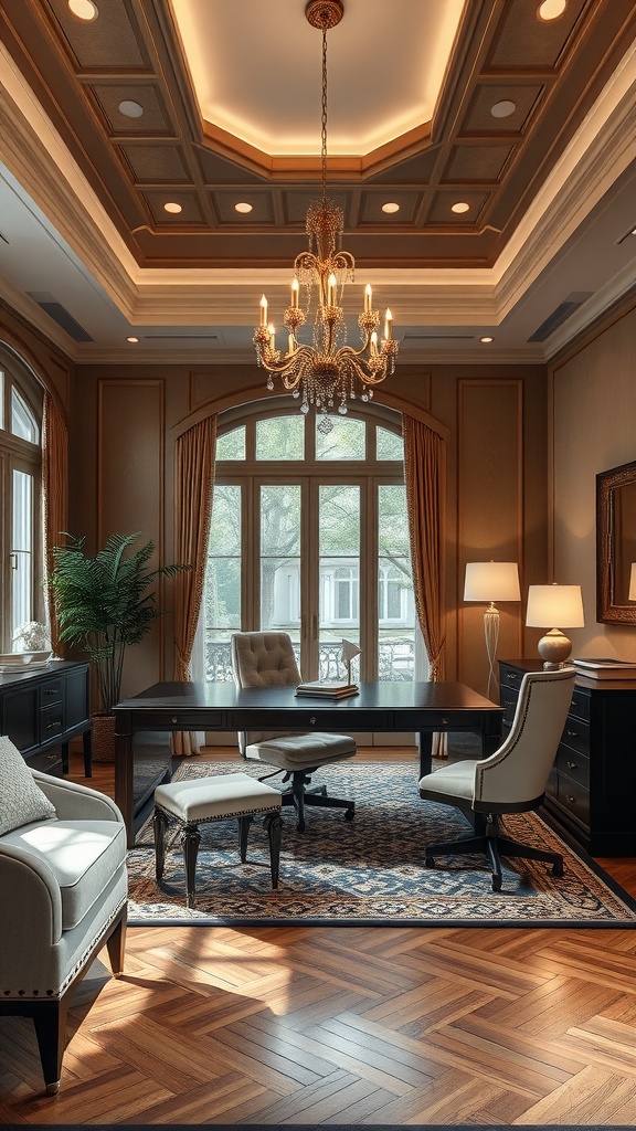 A luxurious home office featuring a chandelier, rich wood furniture, and large windows.