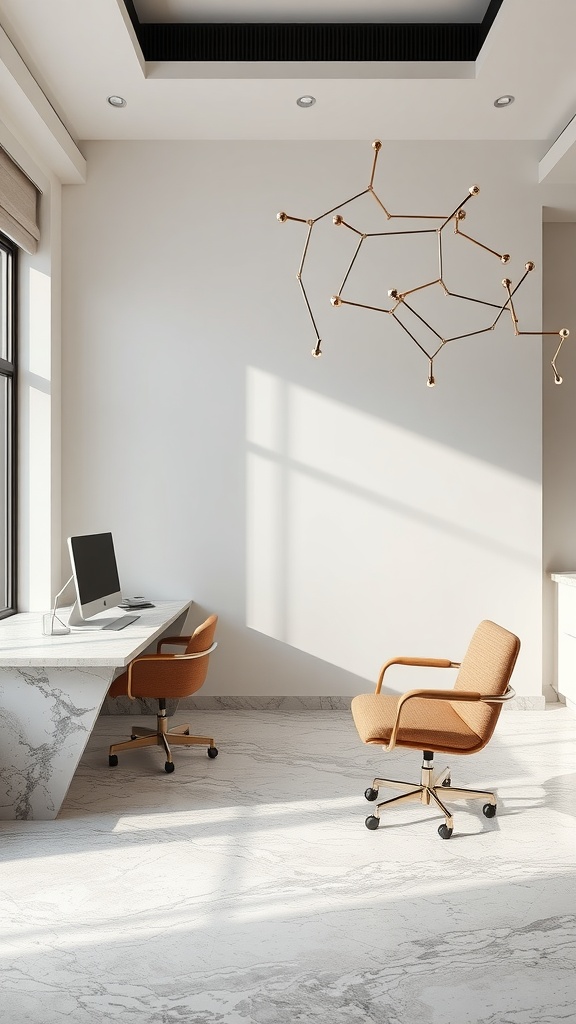 A modern home office featuring luxurious onyx marble accents in the flooring and desk.