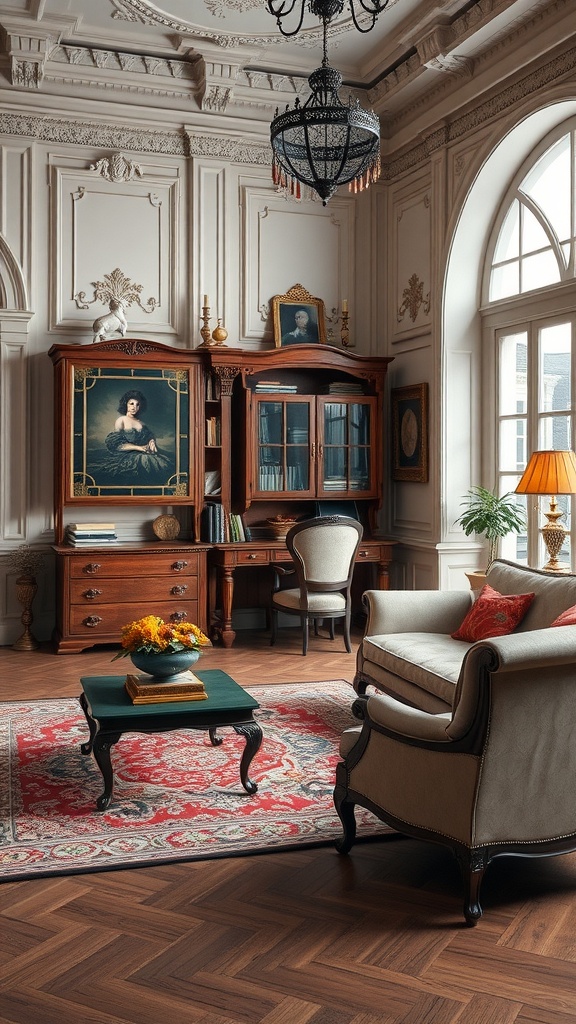Luxurious vintage living room with desk, elegant furniture, and artistic decor