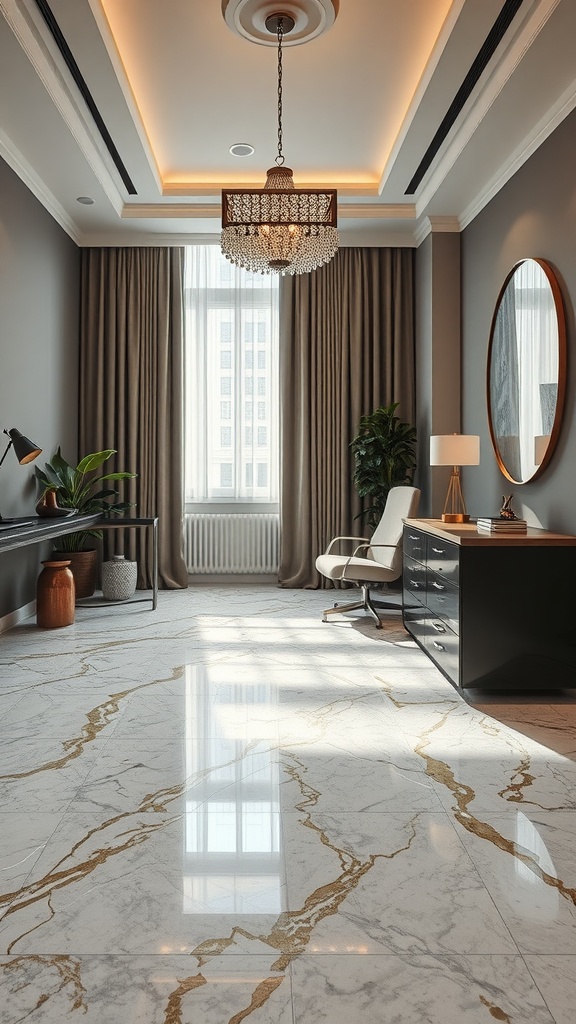 A modern home office with marble flooring featuring gold veins.