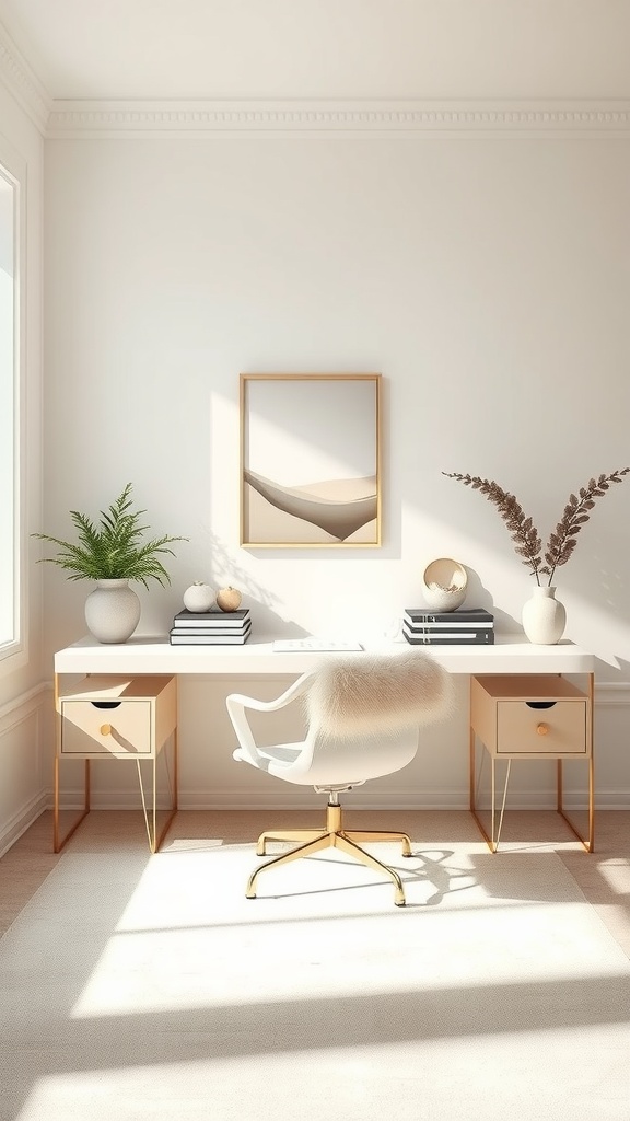 A pink minimalist home office with a wooden desk, white chair, and cute decor elements.