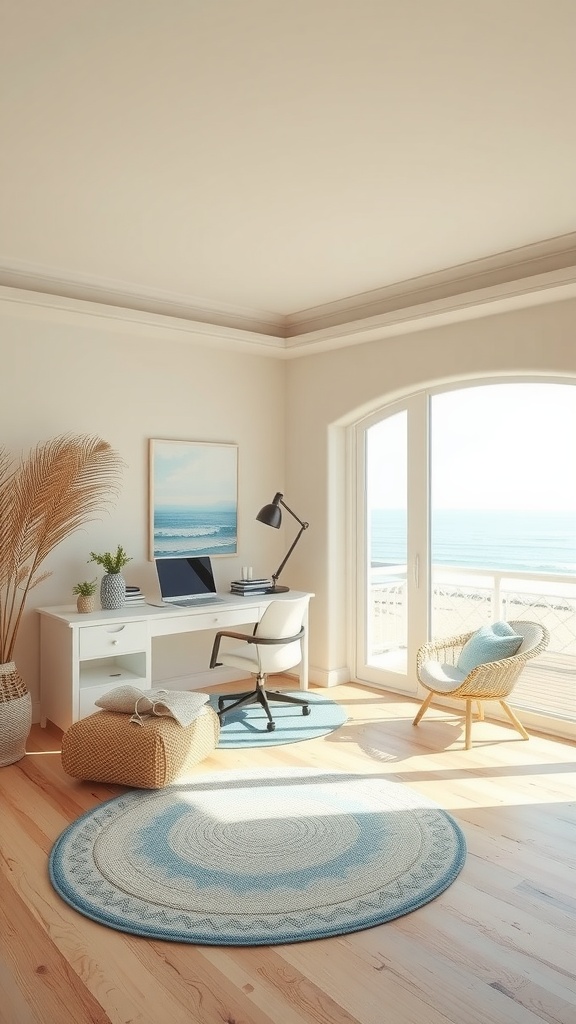 Minimalist coastal home office with natural light, soft beige aesthetic, and beach views