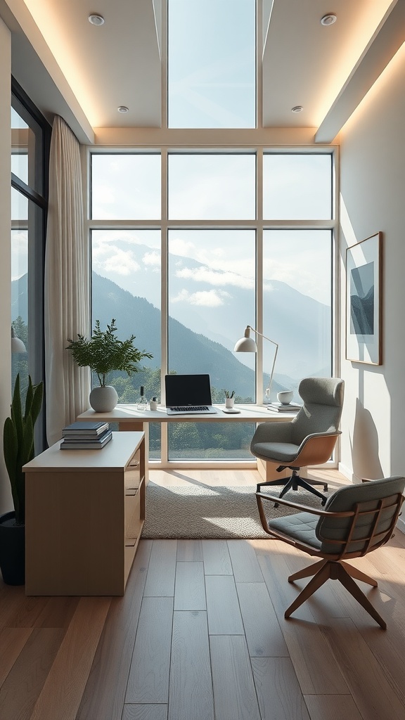 Minimalist home office with a view of mountains, featuring a large desk, comfortable chair, and natural light.