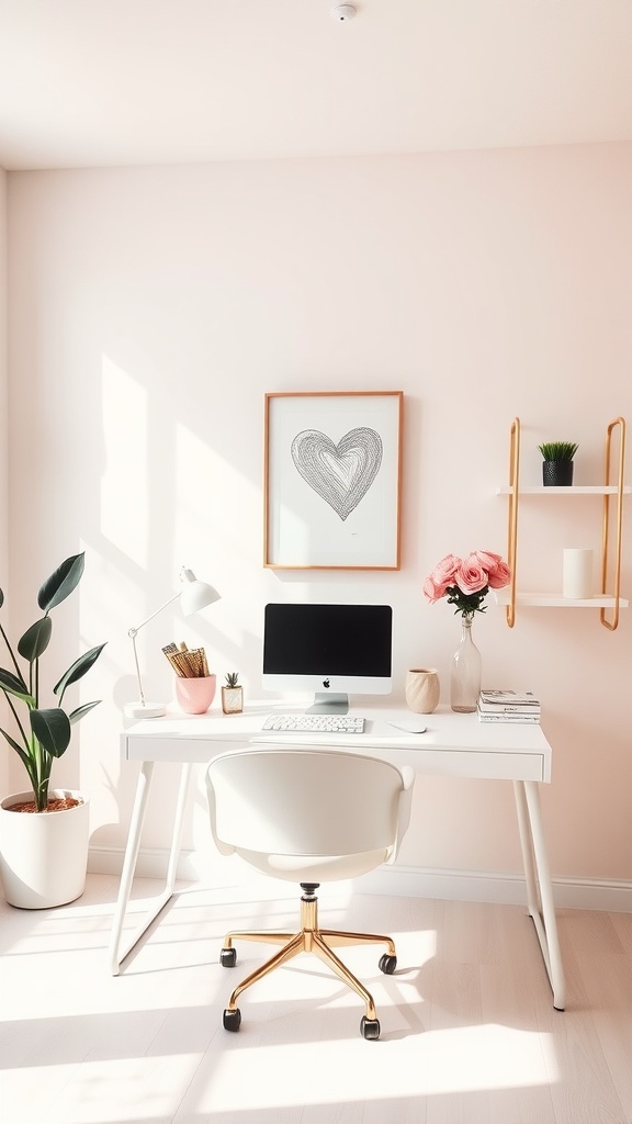 A minimalist home office featuring pale pink walls, a white desk, gold accents, and decorative flowers.