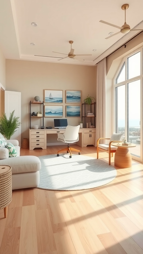 A modern coastal home office with light beige walls, a wooden desk, and ocean-themed art.