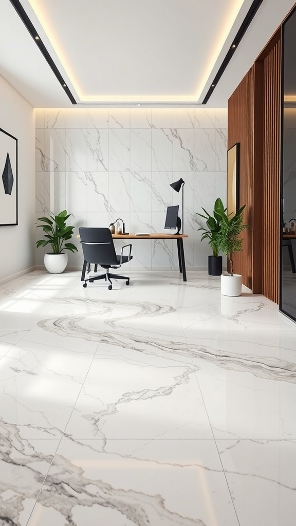 Modern home office featuring a marble floor with geometric patterns, showcasing a blend of elegance and contemporary design.
