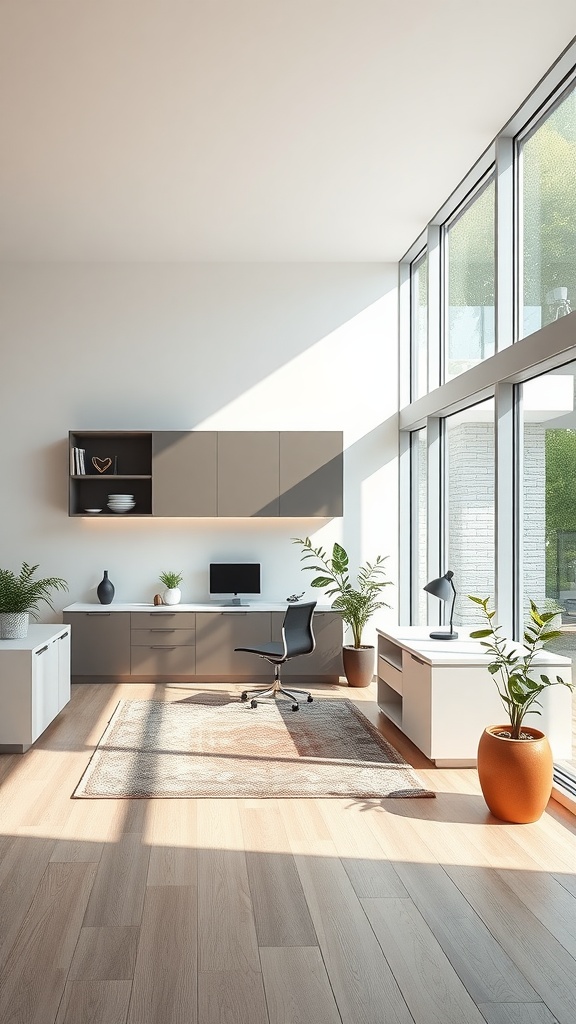 A modern minimalist home office with large windows, a sleek desk, and potted plants.