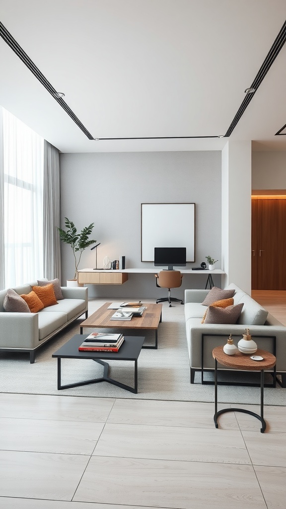 A modern minimalist living room with a workspace, featuring neutral tones and cozy furnishings.