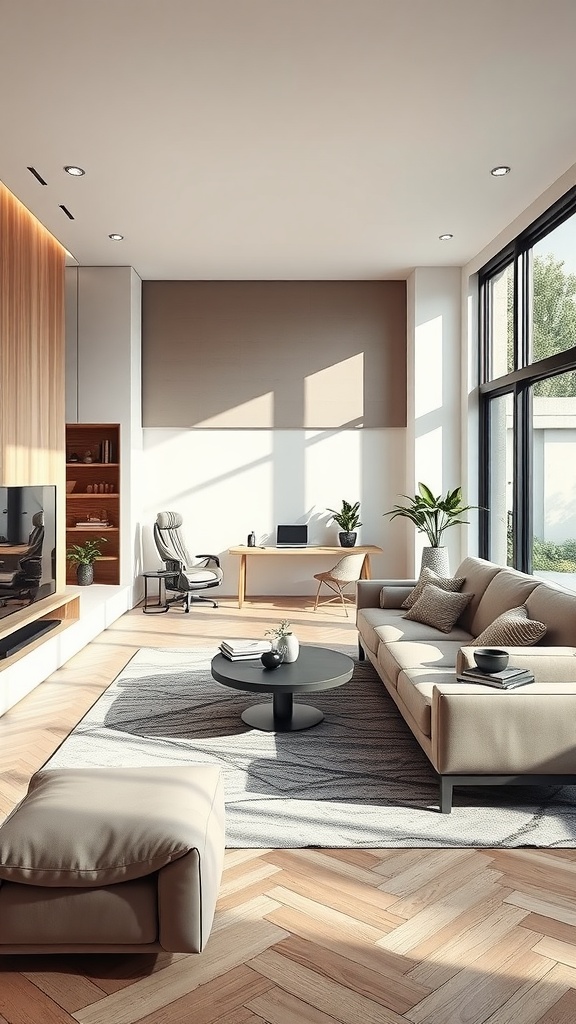 A modern minimalist living room featuring a cozy sofa, a stylish coffee table, and an office nook with a desk and chair, bathed in natural light.