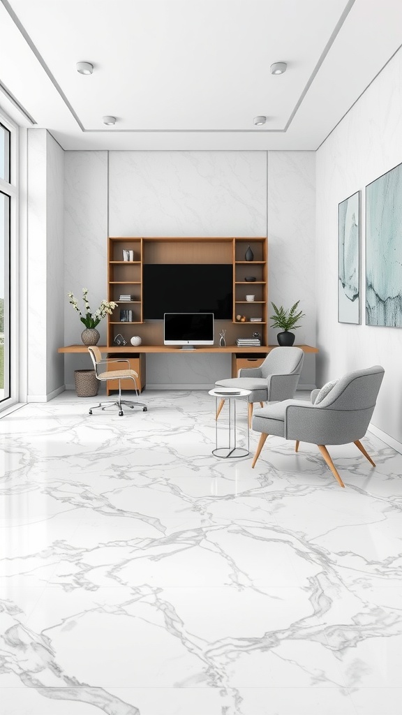 A modern home office featuring white and gray marble flooring with stylish furniture.