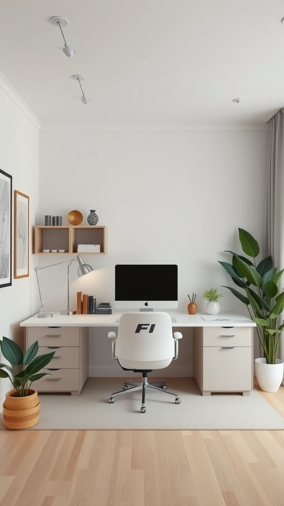 Modern home office setup with a desk, computer, and plants in a light-colored room.