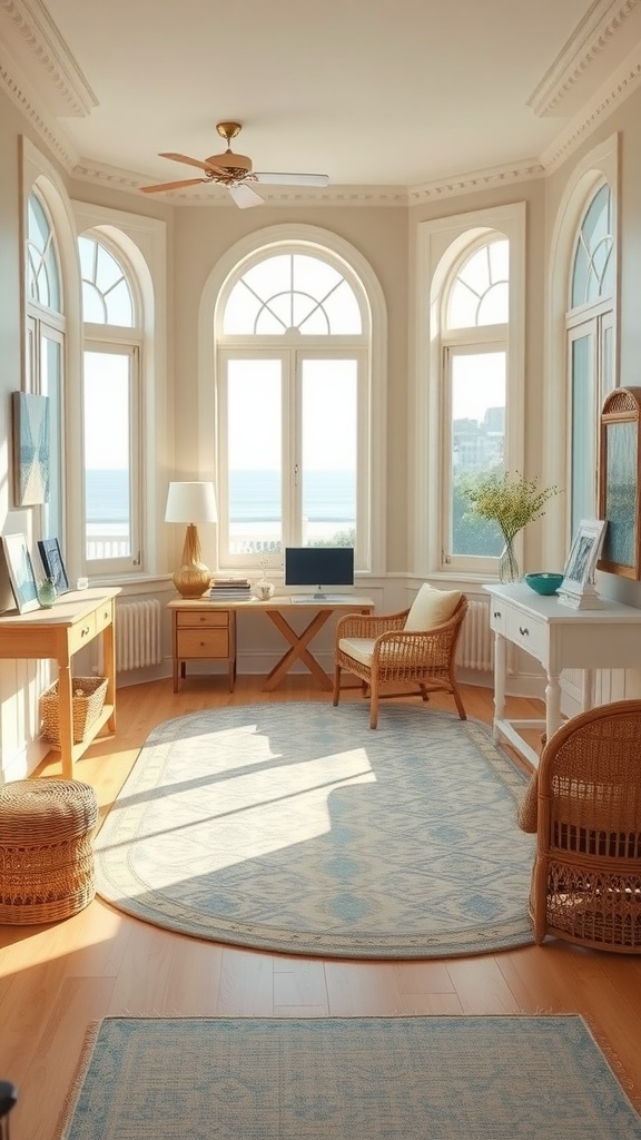A bright and airy coastal cottage home office with large windows, showcasing a soft beige aesthetic and tan decor.