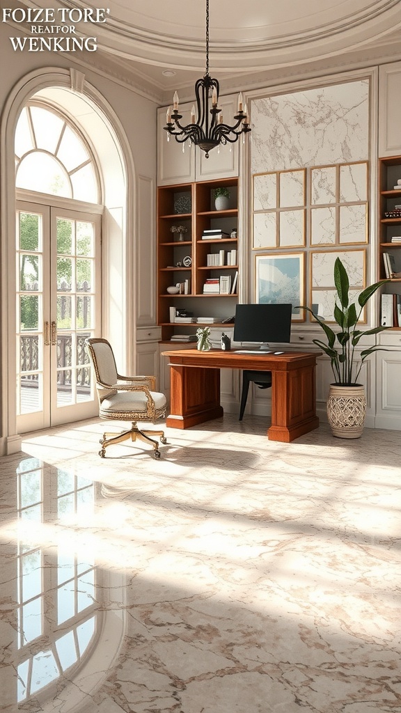 A well-designed office with Rosa Portogallo marble flooring, wooden desk, and large windows