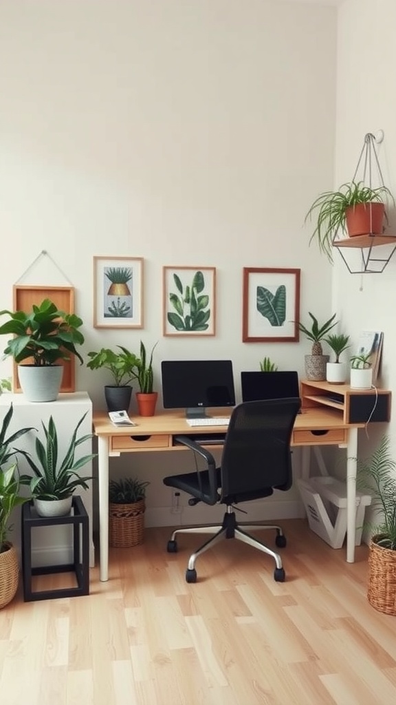 A bright home office featuring a wooden desk, two computer monitors, and various plants in stylish pots.