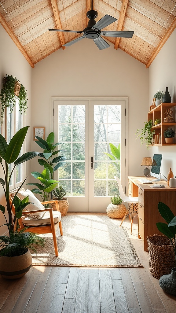 A bright and inviting nature-inspired home office with plants, a cozy desk, and large windows.