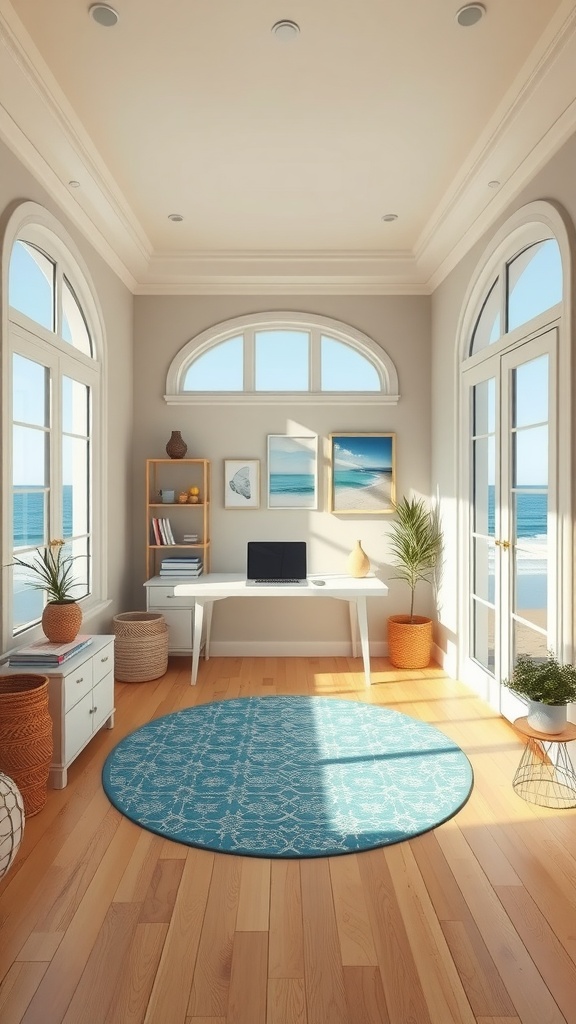 Bright coastal cottage home office with ocean view, featuring light beige walls, wooden floors, a turquoise rug, and modern decor.