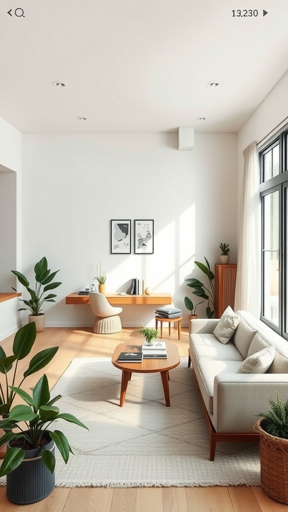 Open concept living space featuring a cozy seating area, a work from home office nook, and indoor plants.