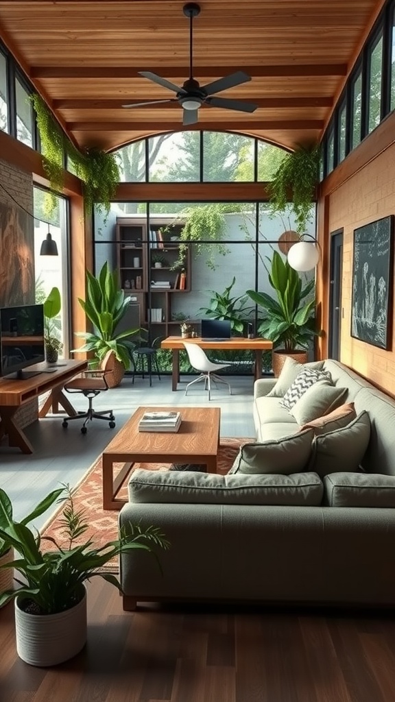 A bright living room with large windows, plants, and a workspace, featuring a cozy sofa and wooden furniture.