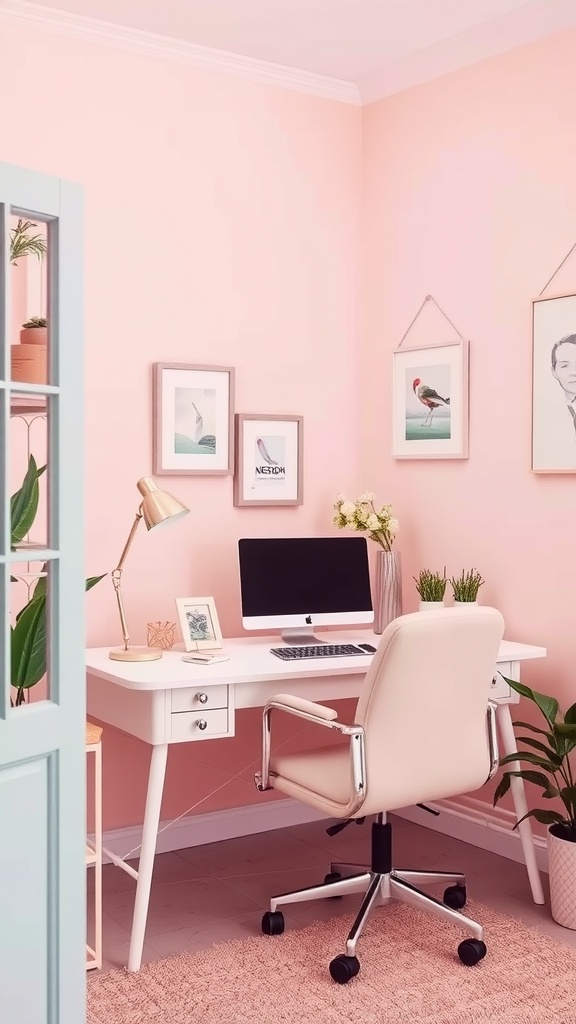 A pastel-colored home office with a pink wall, white desk, and stylish decor.