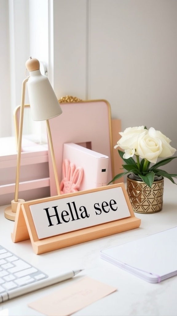 A pink personalized desk nameplate with the letters 'EVTR' displayed on a desk with a keyboard and plants.