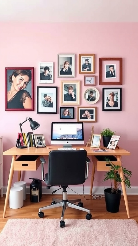 A personalized photo display on a pink wall above a wooden desk in a home office