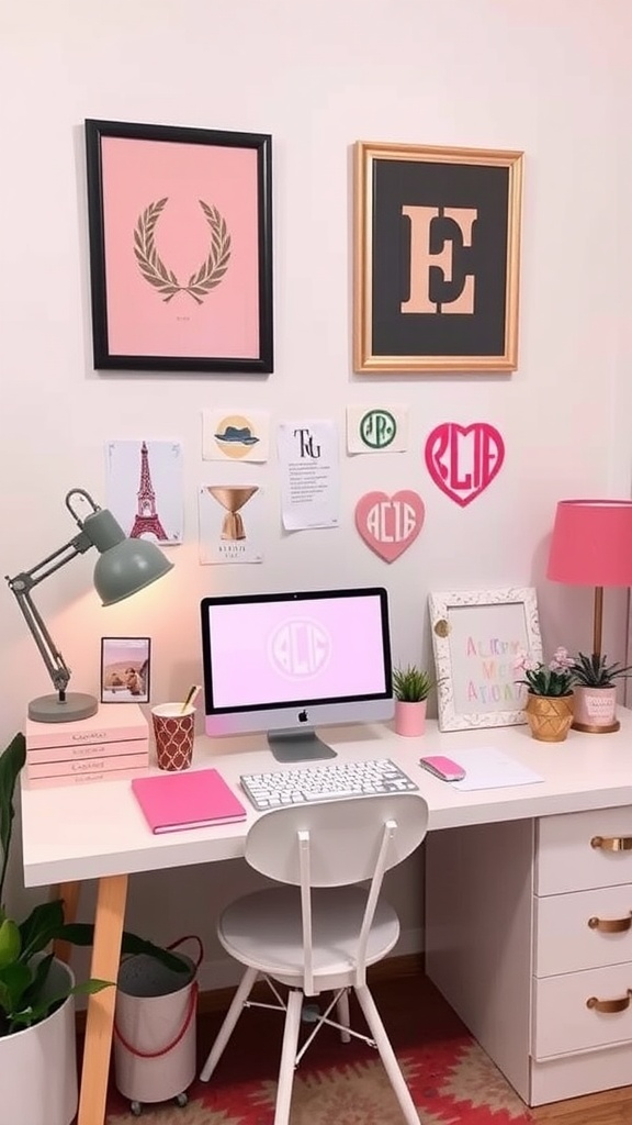 A personalized workspace with monograms, featuring a pink and gold color scheme, stylish desk, and unique wall art.