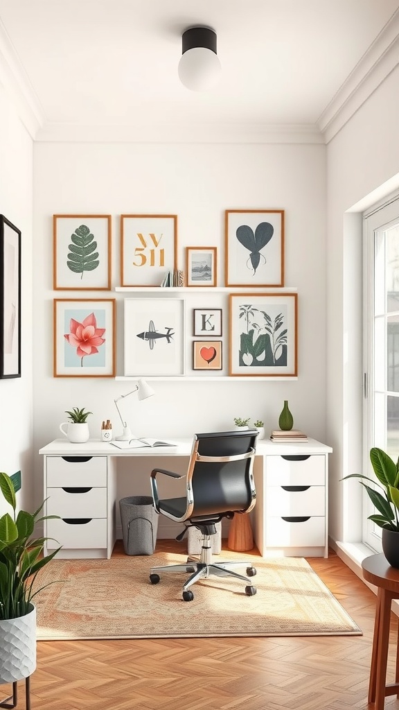 A cozy home office featuring a stylish desk, unique art on the wall, and a comfortable chair.