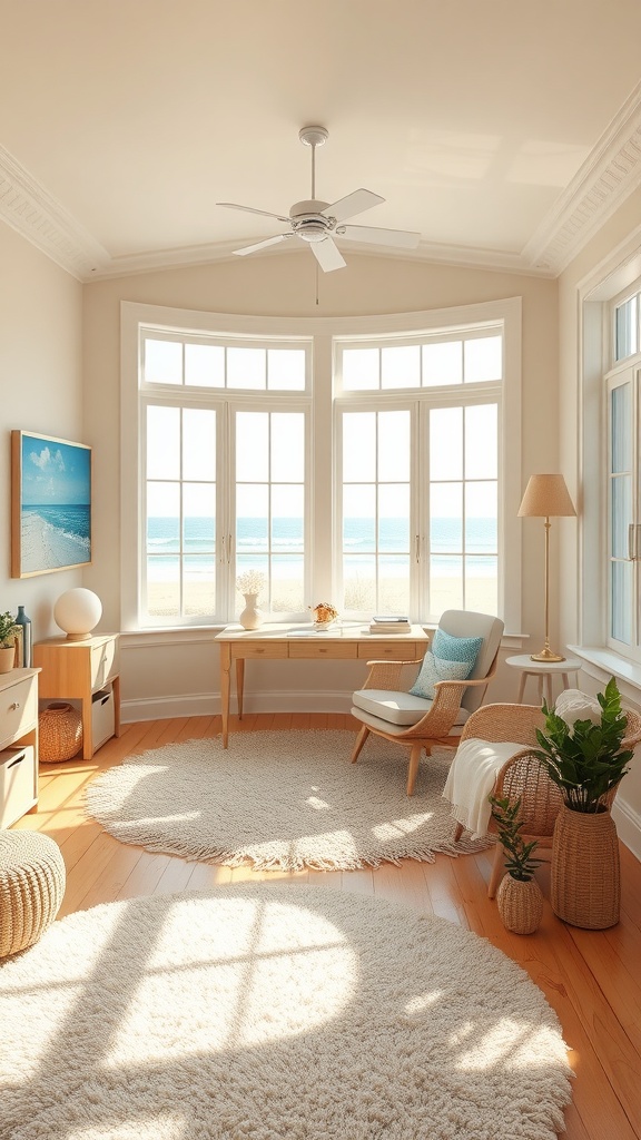 A cozy coastal cottage home office with plush beige area rugs, large windows, and natural light.