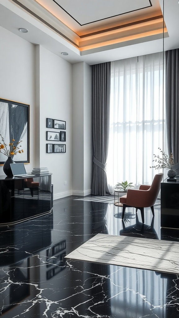 A modern home office featuring polished black Marquina marble flooring with white veining, large windows, and stylish furnishings.