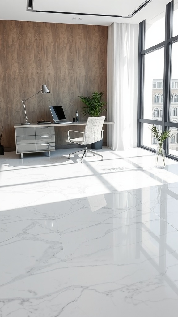 A modern home office with a pristine white Dolomiti marble floor, featuring a wooden wall and large windows.