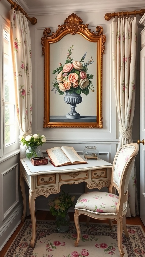 A vintage home office corner with a floral desk, chair, and artwork.