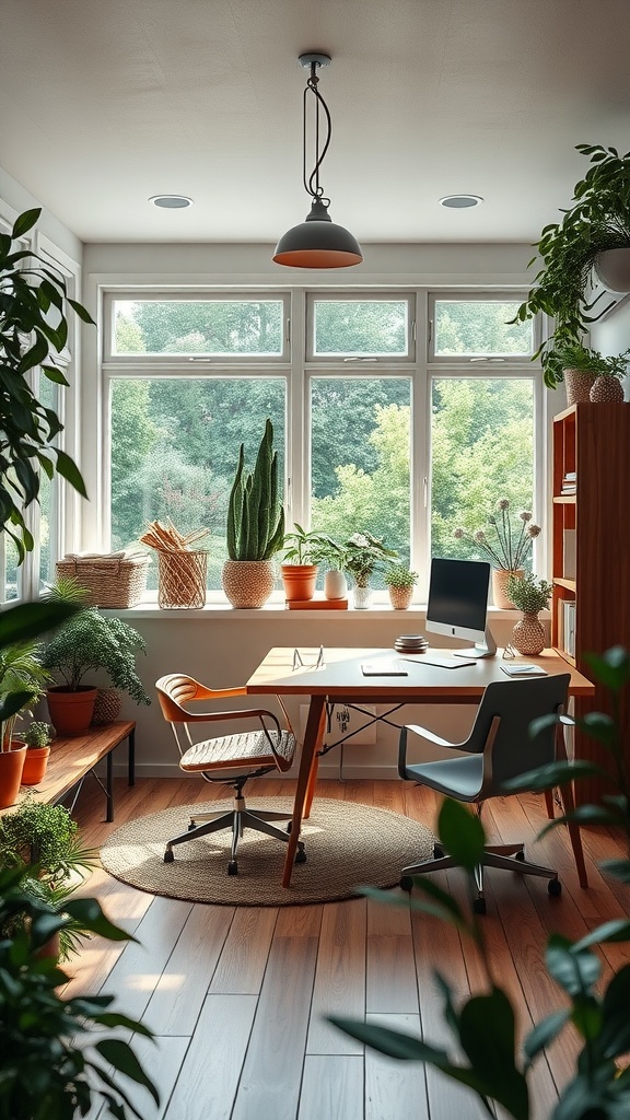 A cozy garden office space with large windows, a wooden desk, and various potted plants.