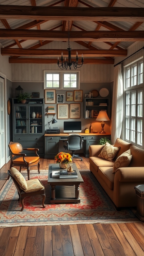 Cozy vintage living room setup with an office nook