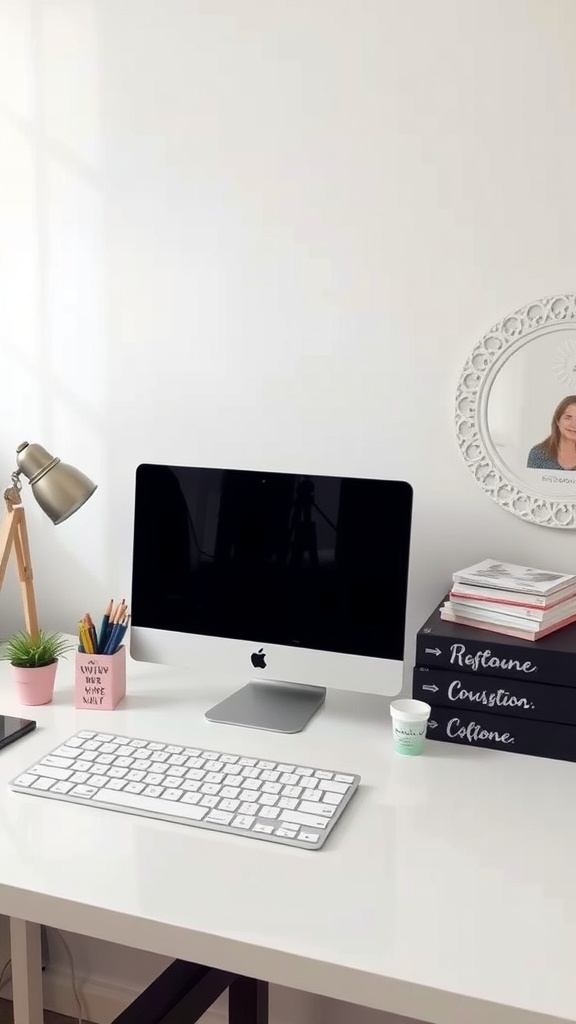 A stylish home office setup featuring a computer, cute plant, colorful pens, and decorative books.