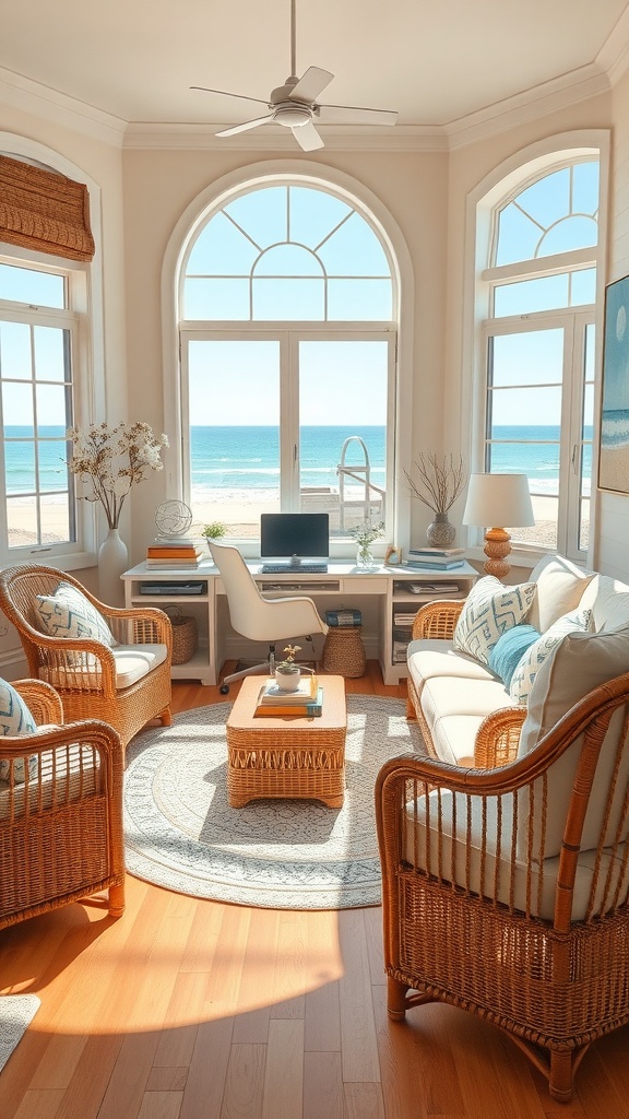 Coastal cottage home office with rattan furniture accents and ocean view.