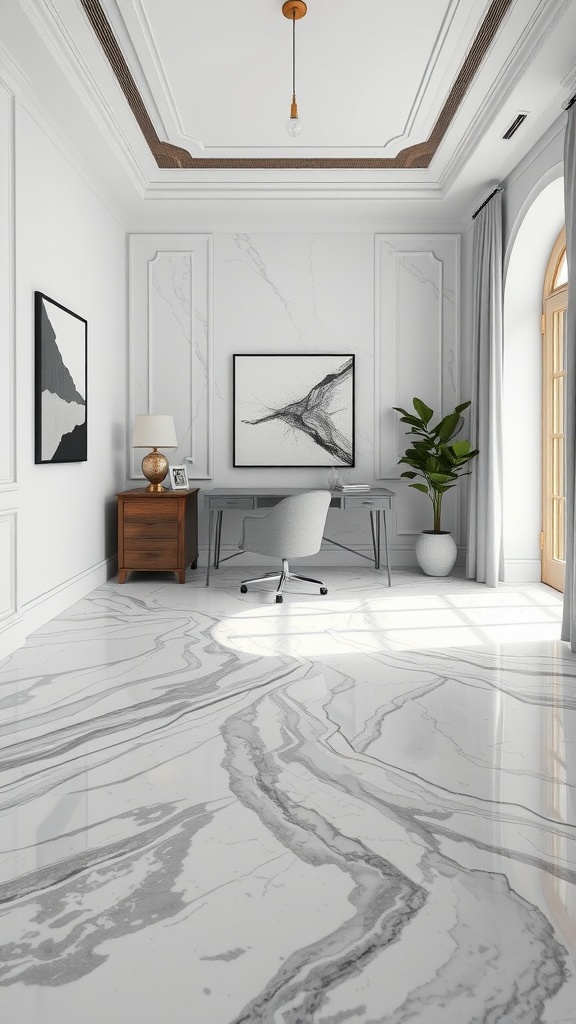 A stylish home office featuring refined gray and white veined marble flooring, with a modern desk and natural light.