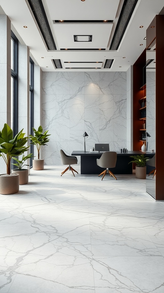 A modern home office with light gray Apuan marble flooring, featuring a desk and plants.