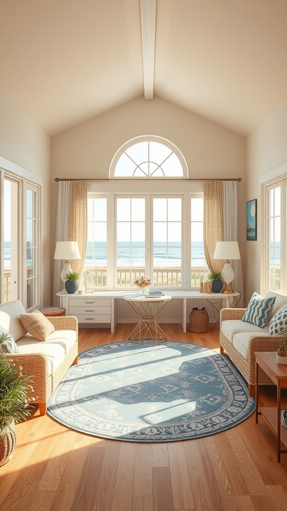 A cozy coastal cottage home office with soft beige walls, a large window overlooking the ocean, and modern coastal decor.