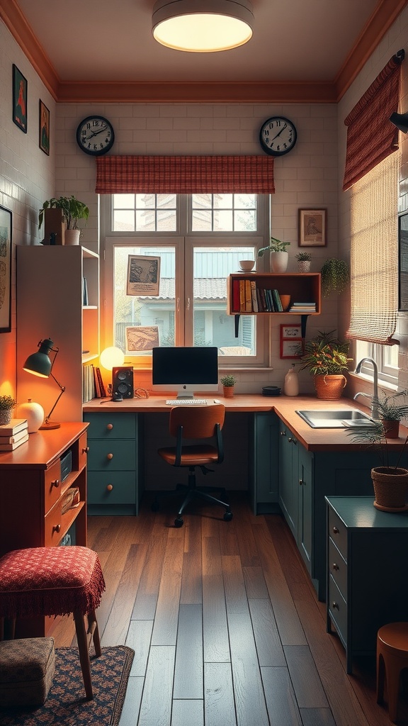 Cozy retro-inspired workspace with wooden flooring, colorful desk, and plants, showing a warm, inviting setup for work from home.