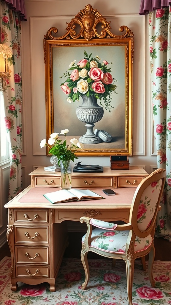 A vintage study room featuring a classic desk, floral curtains, and a large painting of roses.