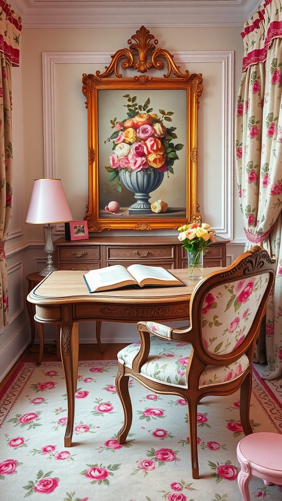 A vintage study room featuring a floral-themed desk and decor, showcasing 80s pop culture style.