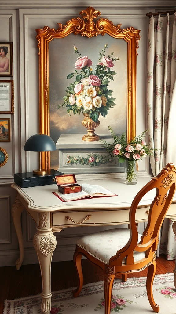 A vintage home office with a floral painting and ornate desk