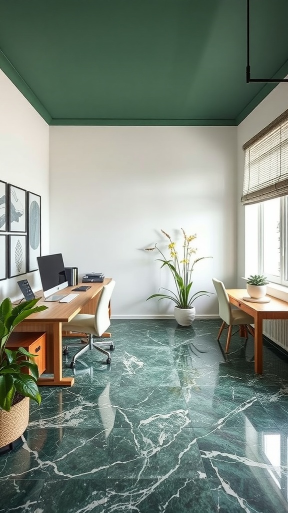 A modern home office featuring rich green Alpi marble flooring with white veins and wooden furniture.